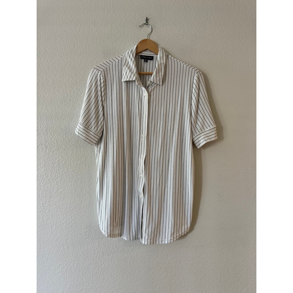 Modern Works Women White Black Pinstripe Short Sleeve Button Down Shirt Size M